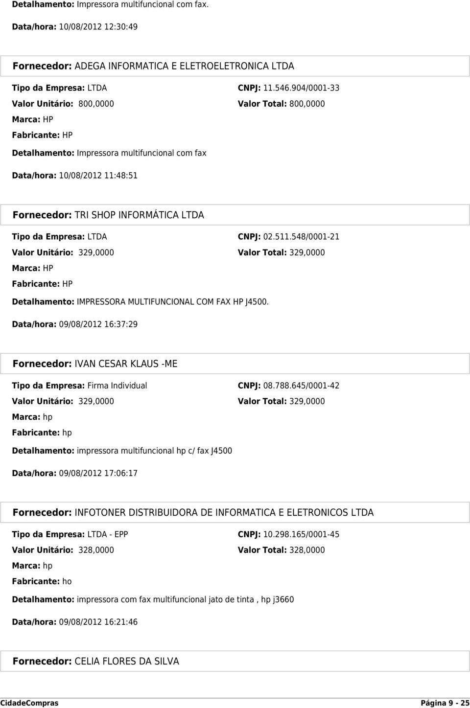 LTDA Tipo da Empresa: LTDA CNPJ: 02.511.548/0001-21 Valor Unitário: 329,0000 Valor Total: 329,0000 Marca: HP Fabricante: HP Detalhamento: IMPRESSORA MULTIFUNCIONAL COM FAX HP J4500.