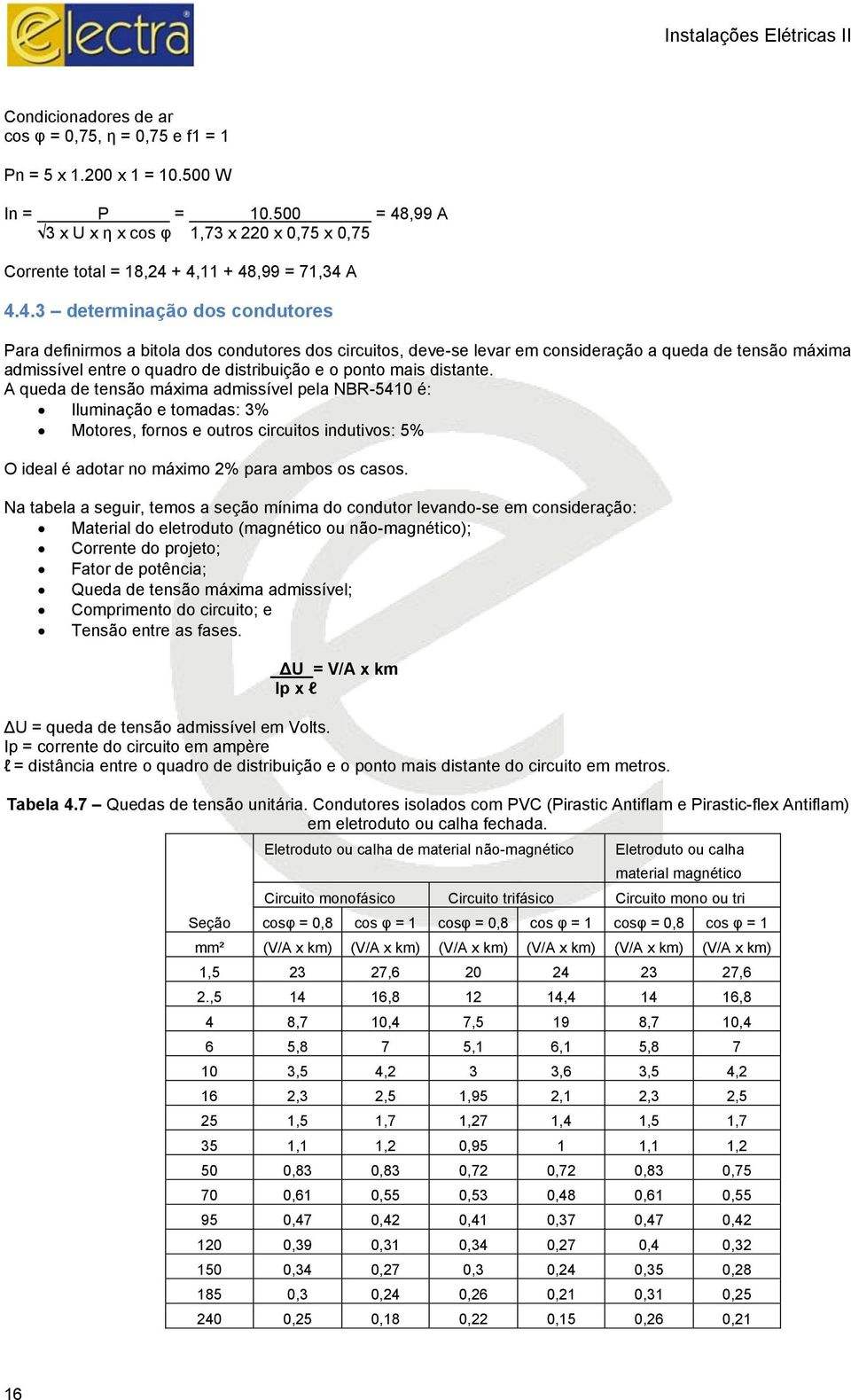 ,99 A 3 x U x η x cos φ 1,73 x 220 x 0,75 x 0,75 Corrente total = 18,24 