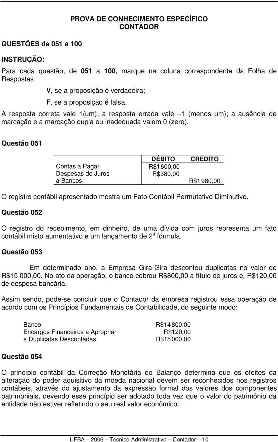 Questão 051 Contas a Pagar Despesas de Juros a Bancos DÉBITO R$1 600,00 R$380,00 CRÉDITO R$1 980,00 O registro contábil apresentado mostra um Fato Contábil Permutativo Diminutivo.