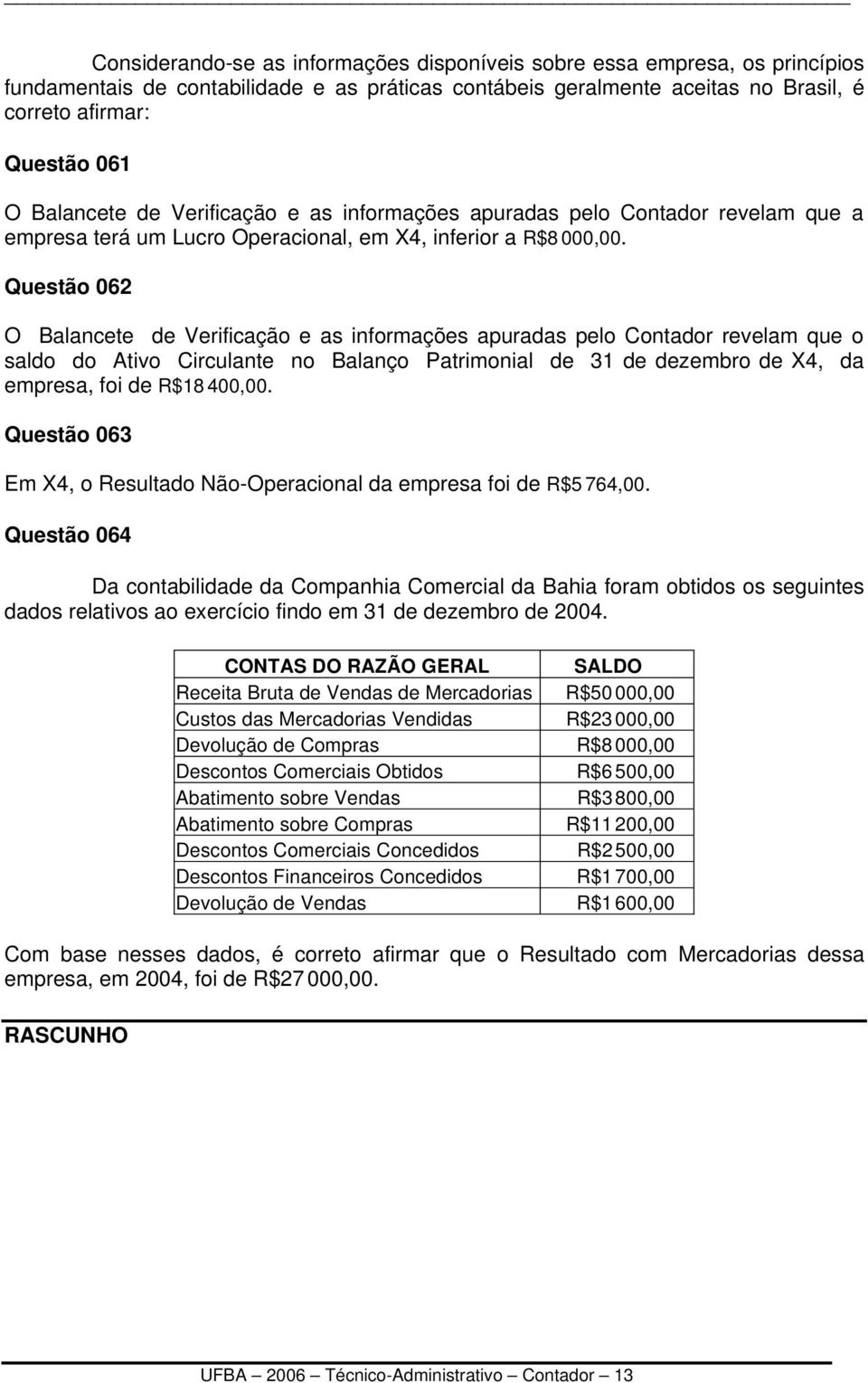 Questão 062 O Balancete de Verificação e as informações apuradas pelo Contador revelam que o saldo do Ativo Circulante no Balanço Patrimonial de 31 de dezembro de X4, da empresa, foi de R$18 400,00.