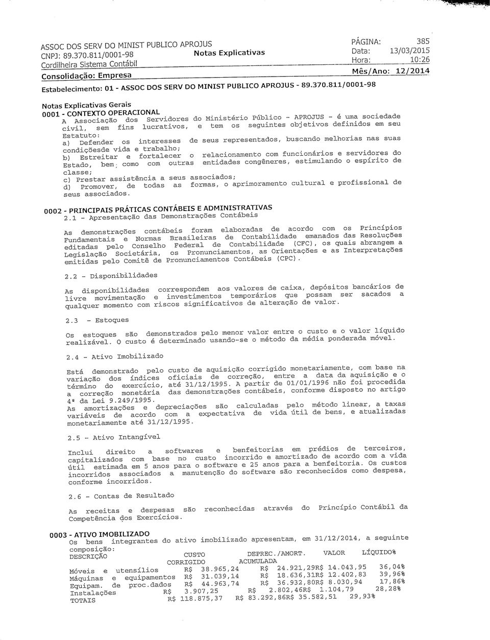 811/0001-98 Notas Explicativas Gerais 0001 - CONTEXTO OPERACIONAL A Associação dos Servidores do Ministério Público - APROJUS - é uma sociedade civil, sem fins lucrativos, e tem os seguintes