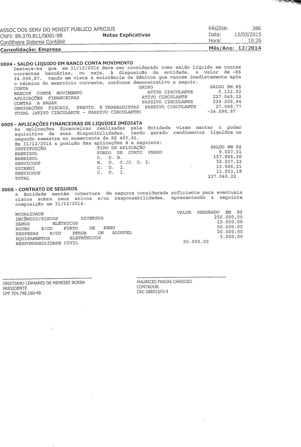 que em 31/12/2014 deve ser considerado como saldo líquido em contas correntes bancárias, ou seja, à disposição da entidade, o valor de -R$ 24.