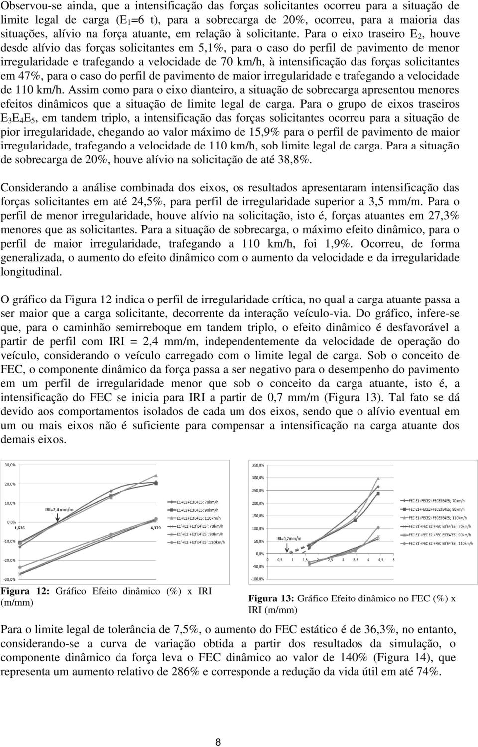 Para o eixo traseiro E 2, houve desde alívio das forças solicitantes em 5,1%, para o caso do perfil de pavimento de menor irregularidade e trafegando a velocidade de 70 km/h, à intensificação das