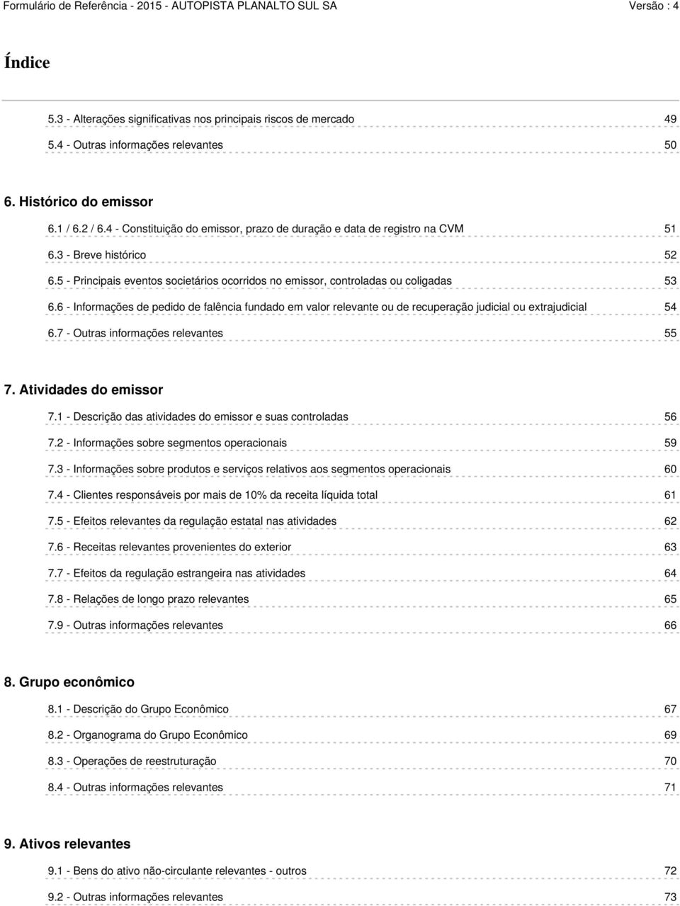 6 - Informações de pedido de falência fundado em valor relevante ou de recuperação judicial ou extrajudicial 54 6.7 - Outras informações relevantes 55 7. Atividades do emissor 7.