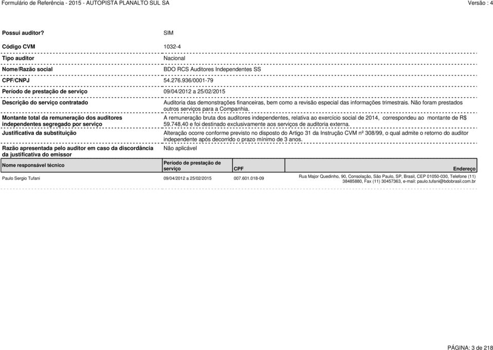 substituição Razão apresentada pelo auditor em caso da discordância da justificativa do emissor Nome responsável técnico Não aplicável Paulo Sergio Tufani 09/04/2012 a 25/02/2015 007.601.