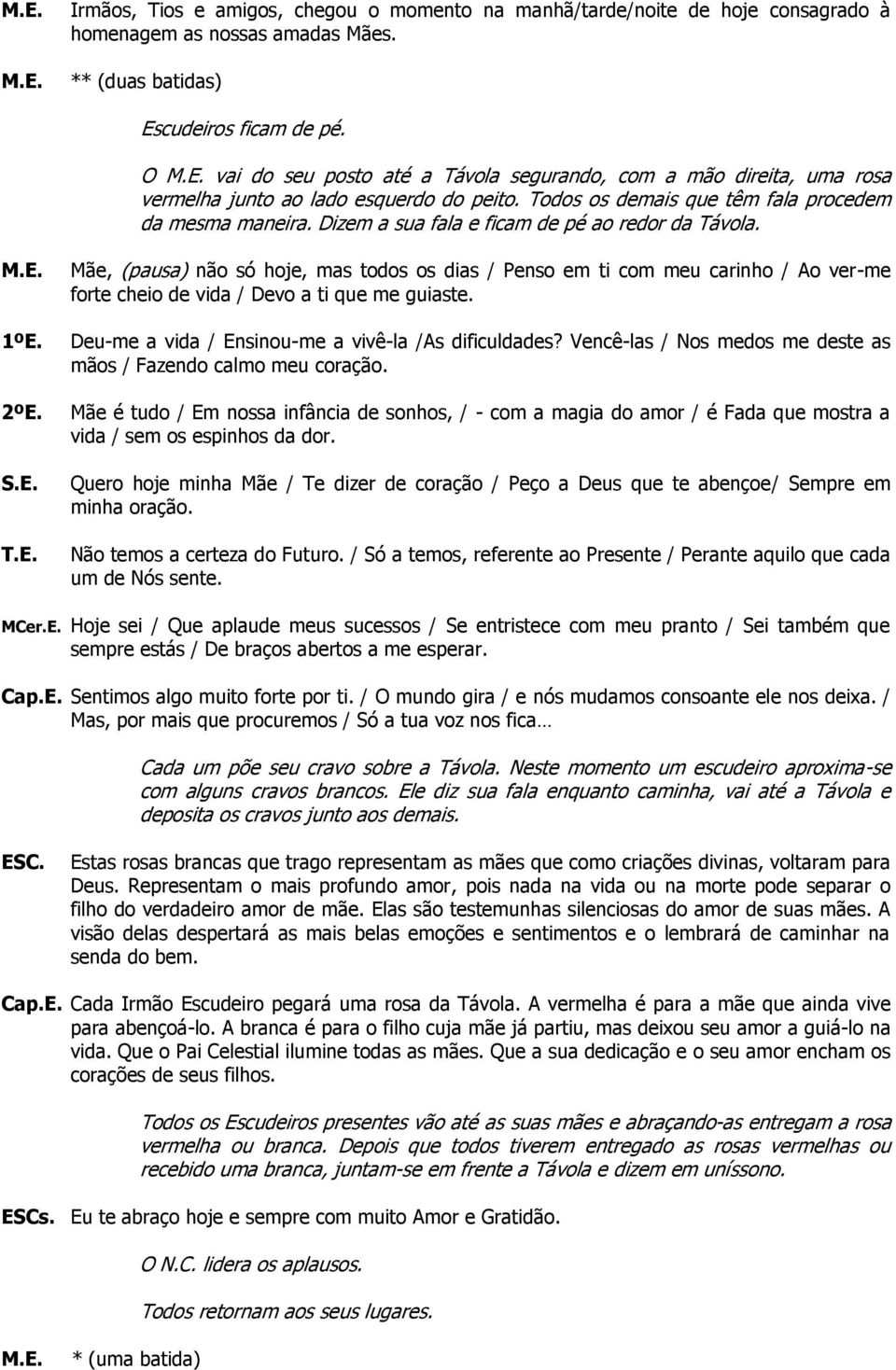 Dizem a sua fala e ficam de pé ao redor da Távola. 1ºE. 2ºE. S.E. T.E. Mãe, (pausa) não só hoje, mas todos os dias / Penso em ti com meu carinho / Ao ver-me forte cheio de vida / Devo a ti que me guiaste.