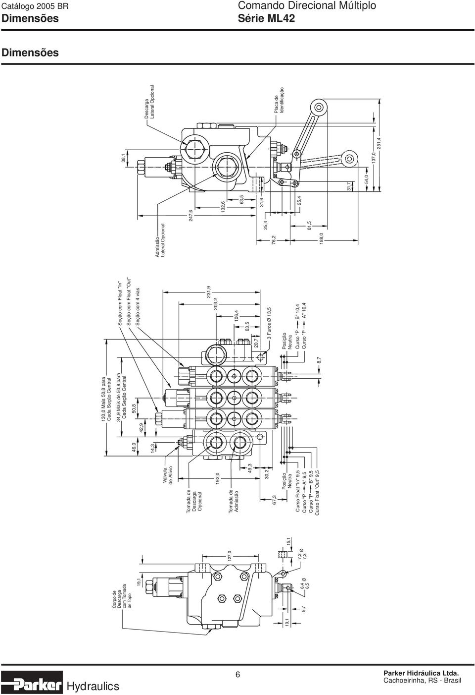 para Cada Seção Central 42,9 50,8 8,7 Seção com Float "In" Seção com Float "Out" Seção com 4 vias 203,2 231,9 106,4 63,5 20,7 3 Furos Ø 13,5 Posição Neutra Curso "P " 10,4 Curso "P