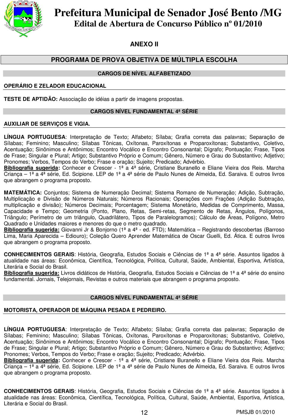 CARGOS NÍVEL FUNDAMENTAL 4ª SÉRIE LÍNGUA PORTUGUESA: Interpretação de Texto; Alfabeto; Sílaba; Grafia correta das palavras; Separação de Sílabas; Feminino; Masculino; Sílabas Tônicas, Oxítonas,