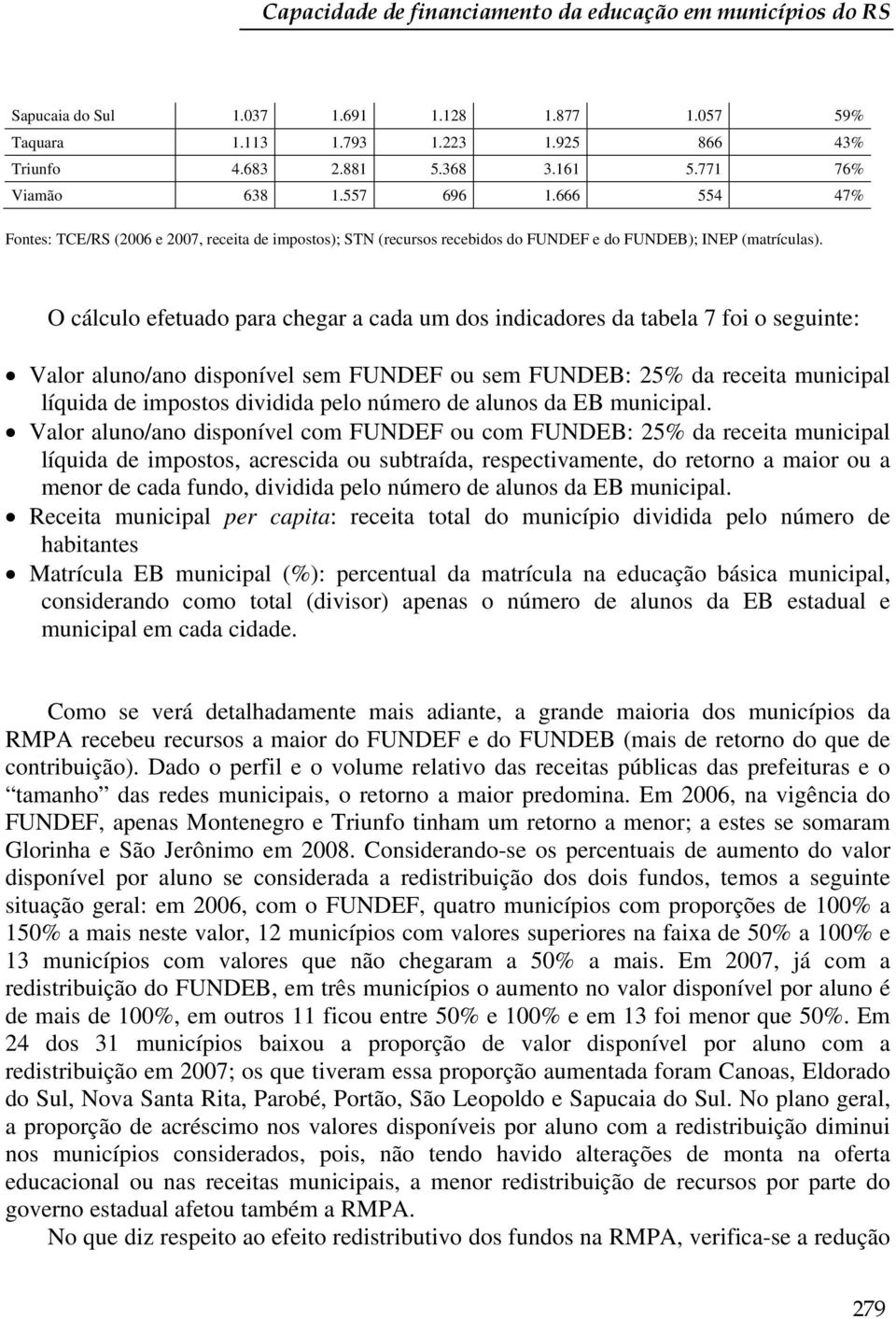 O cálculo efetuado para chegar a cada um dos indicadores da tabela 7 foi o seguinte: Valor aluno/ano disponível sem FUNDEF ou sem FUNDEB: 25% da receita municipal líquida de impostos dividida pelo