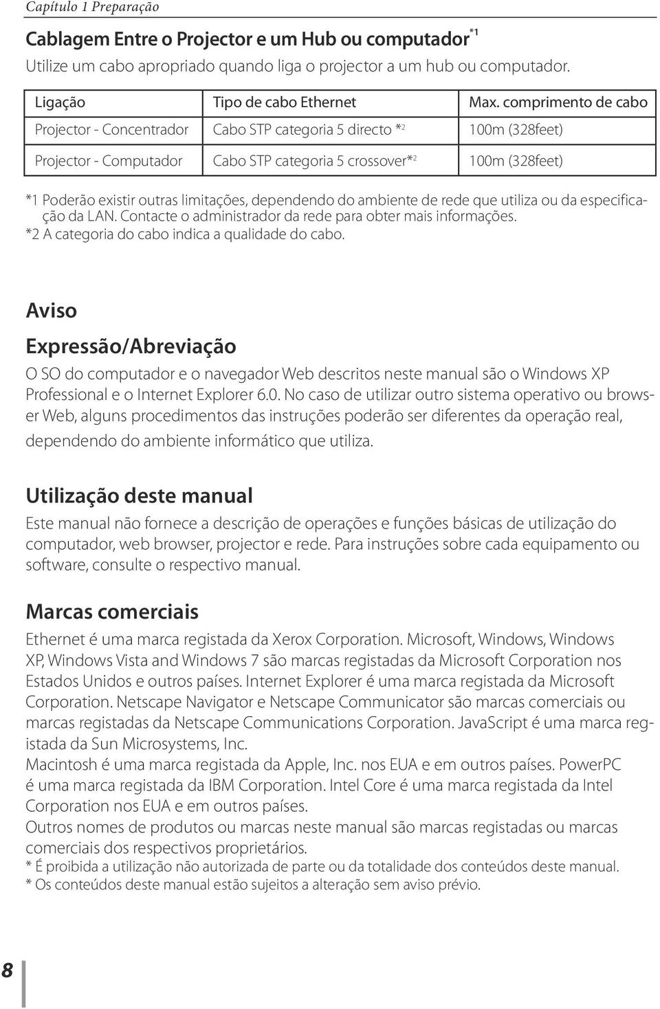 limitações, dependendo do ambiente de rede que utiliza ou da especificação da LAN. Contacte o administrador da rede para obter mais informações. *2 A categoria do cabo indica a qualidade do cabo.