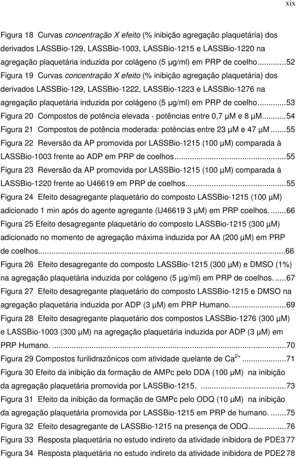 ..52 Figura 19 Curvas concentração X efeito (% inibição agregação plaquetária) dos derivados LASSBio-129, LASSBio-1222, LASSBio-1223 e LASSBio-1276 na agregação plaquetária induzida por colágeno (5 .