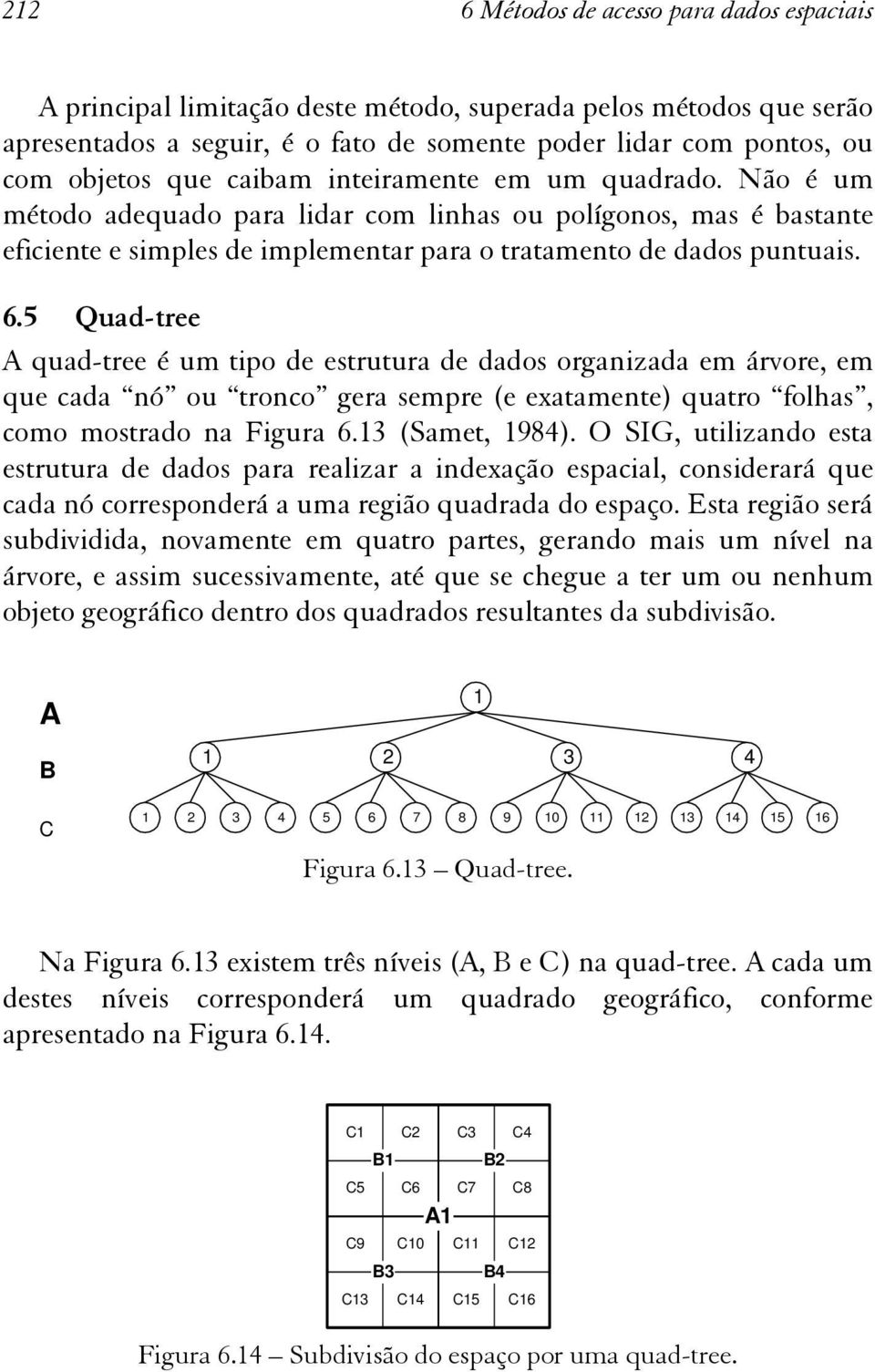 5 Quad-tree A quad-tree é um tipo de estrutura de dados organizada em árvore, em que cada nó ou tronco gera sempre (e exatamente) quatro folhas, como mostrado na Figura 6.13 (Samet, 1984).