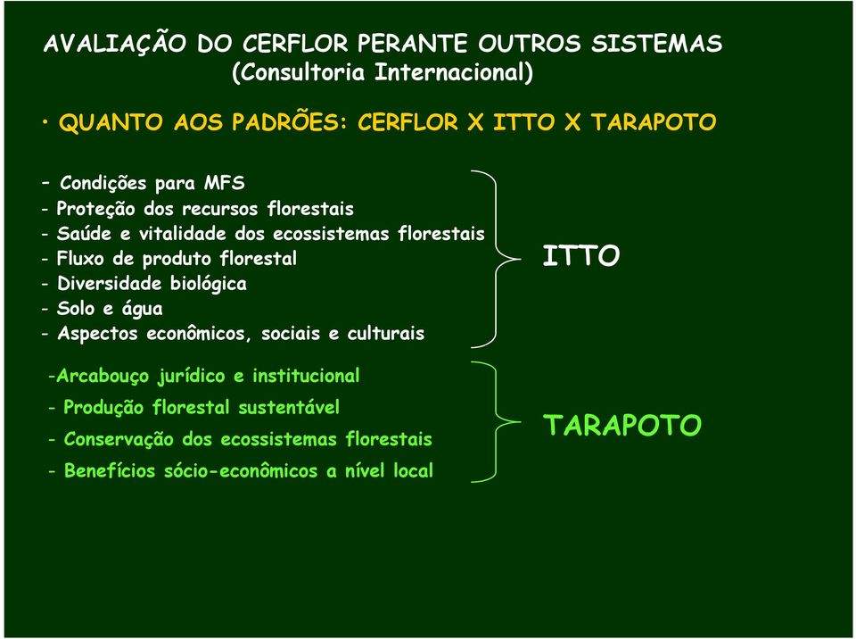 florestal - Diversidade biológica - Solo e água - Aspectos econômicos, sociais e culturais -Arcabouço jurídico e