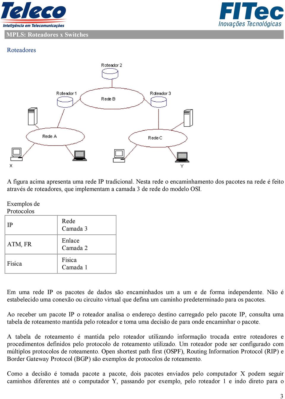 Exemplos de Protocolos IP ATM, FR Física Rede Camada 3 Enlace Camada 2 Física Camada 1 Em uma rede IP os pacotes de dados são encaminhados um a um e de forma independente.
