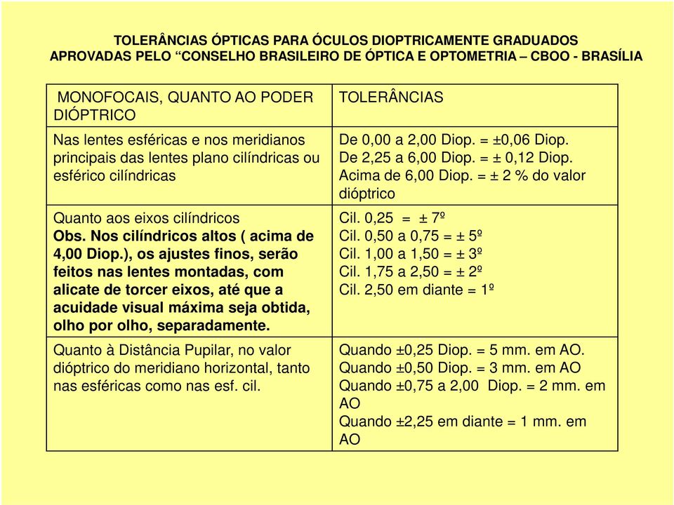 ), os ajustes finos, serão feitos nas lentes montadas, com alicate de torcer eixos, até que a acuidade visual máxima seja obtida, olho por olho, separadamente.