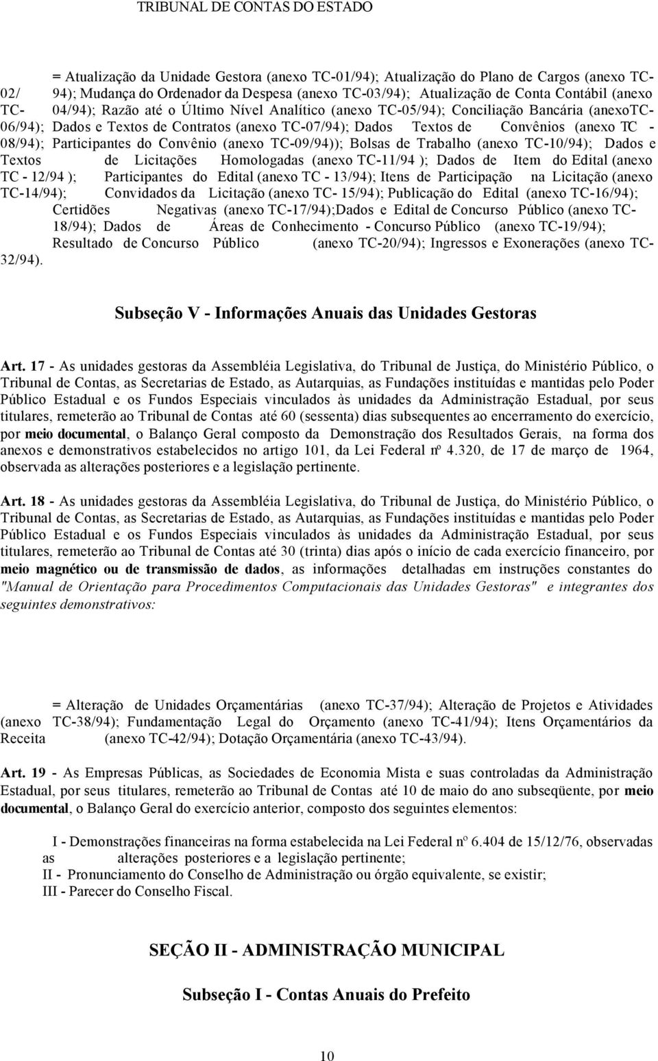 Participantes do Convênio (anexo TC-09/94)); Bolsas de Trabalho (anexo TC-10/94); Dados e Textos de Licitações Homologadas (anexo TC-11/94 ); Dados de Item do Edital (anexo TC - 12/94 );