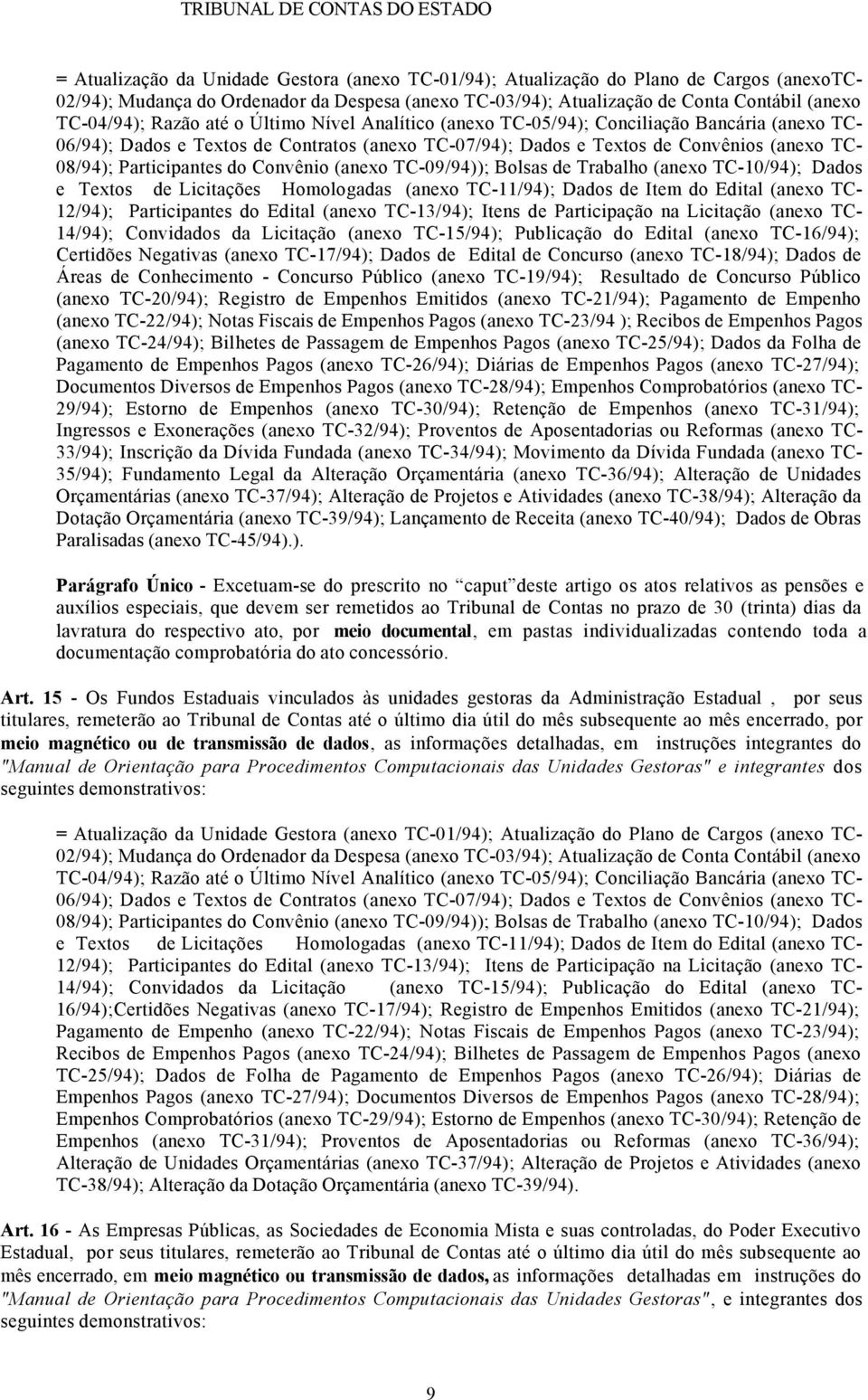 do Convênio (anexo TC-09/94)); Bolsas de Trabalho (anexo TC-10/94); Dados e Textos de Licitações Homologadas (anexo TC-11/94); Dados de Item do Edital (anexo TC- 12/94); Participantes do Edital