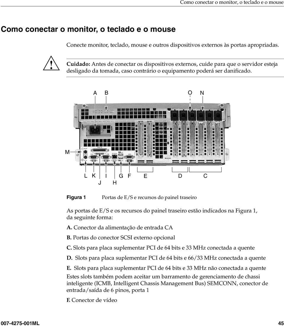 A B O N M L K J I H G F E D C Figura 1 Portas de E/S e recursos do painel traseiro As portas de E/S e os recursos do painel traseiro estão indicados na Figura 1, da seguinte forma: A.