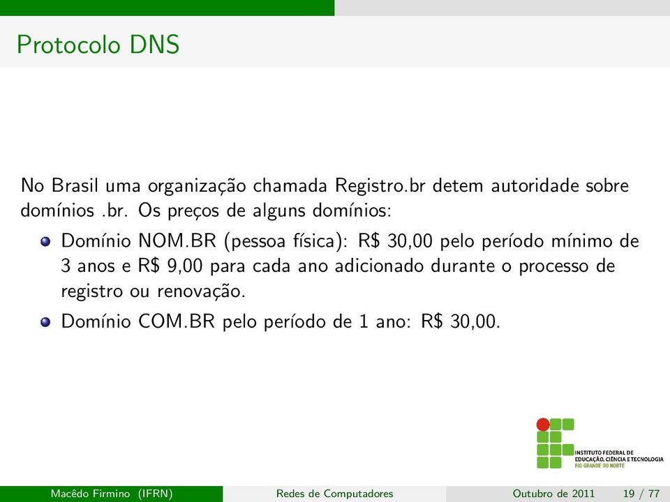 BR (pessoa física): R$ 30,00 pelo período mínimo de 3 anos e R$ 9,00 para cada ano adicionado