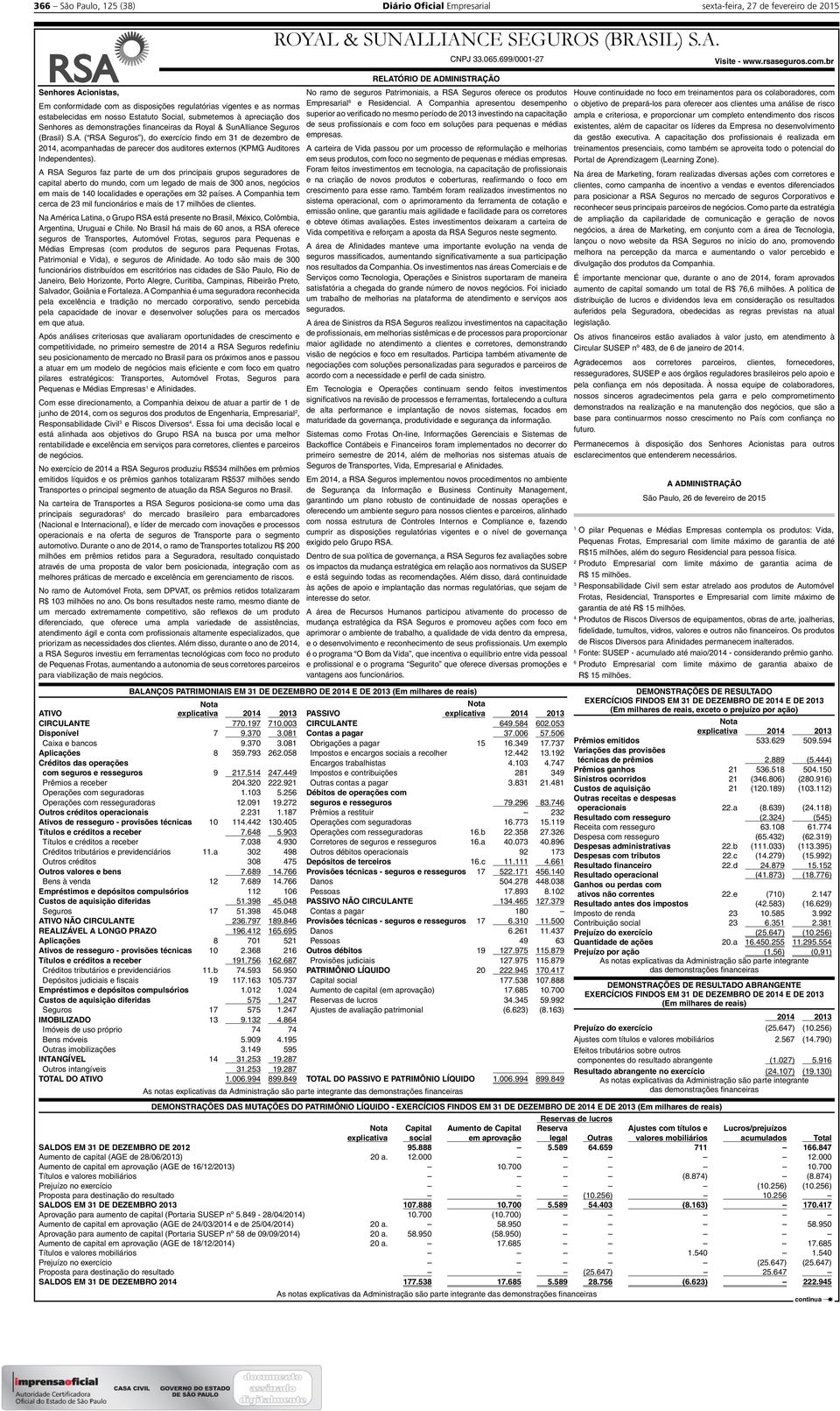 liance Seguros (Brasil) S.A. ( RSA Seguros ), do exercício findo em 31 de dezembro de, acompanhadas de parecer dos auditores externos (KPMG Auditores Independentes).