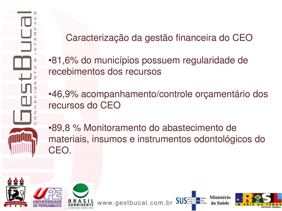 acompanhamento/controle orçamentário dos recursos do CEO 89,8 %