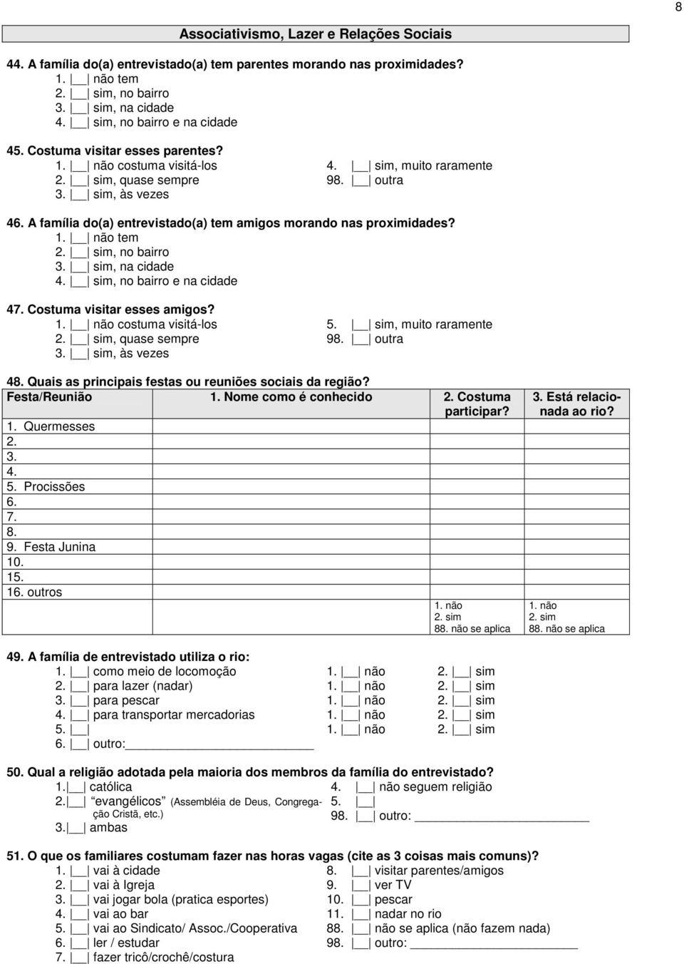 A família do(a) entrevistado(a) tem amigos morando nas proximidades? 1. não tem 2. sim, no bairro 3. sim, na cidade 4. sim, no bairro e na cidade 47. Costuma visitar esses amigos? 1. não costuma visitá-los 5.