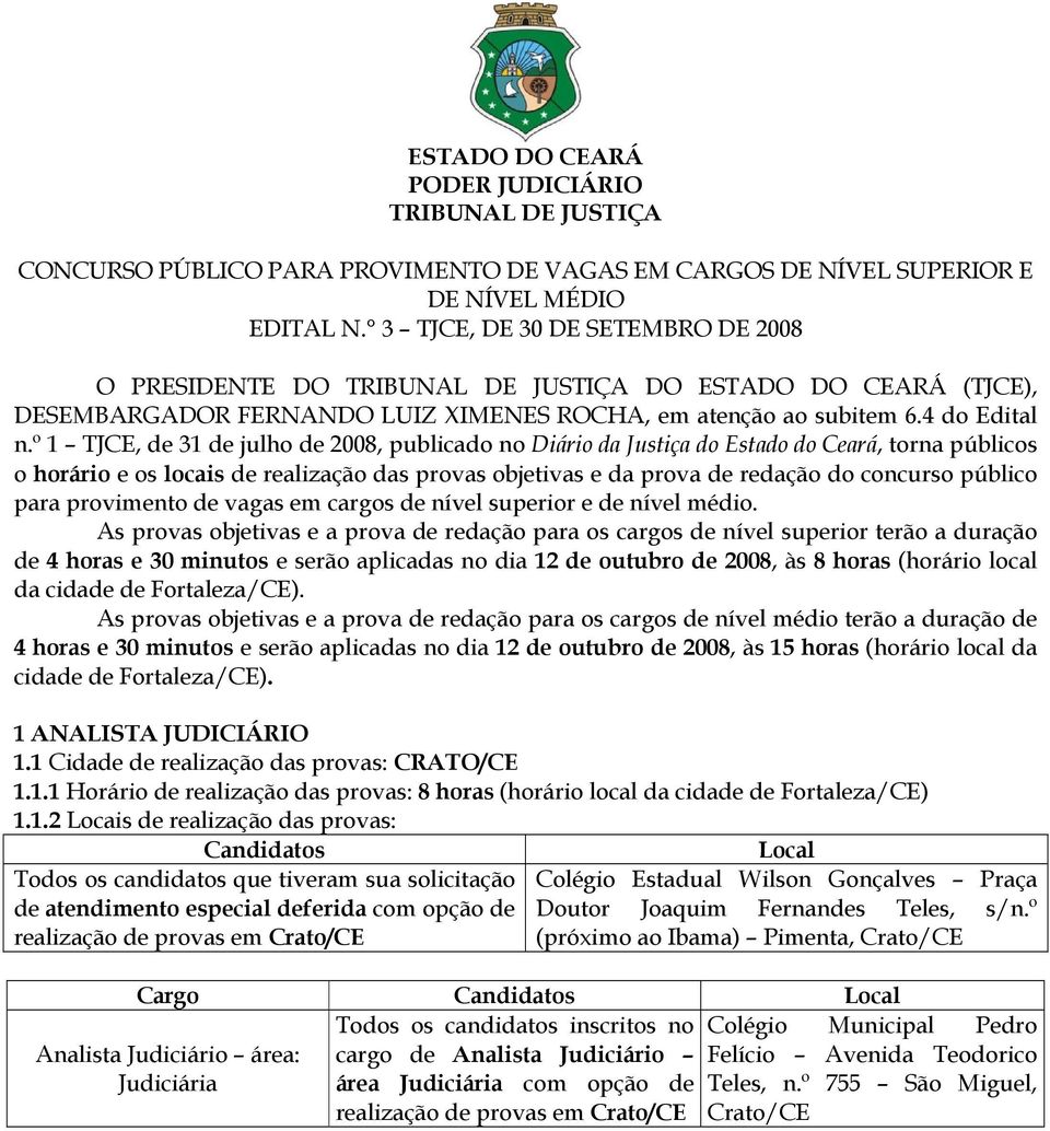 º 1 TJCE, de 31 de julho de 2008, publicdo no Diário d Justiç do Estdo do Cerá, torn públicos o horário e os locis de relizção ds provs objetivs e d prov de redção do concurso público pr provimento