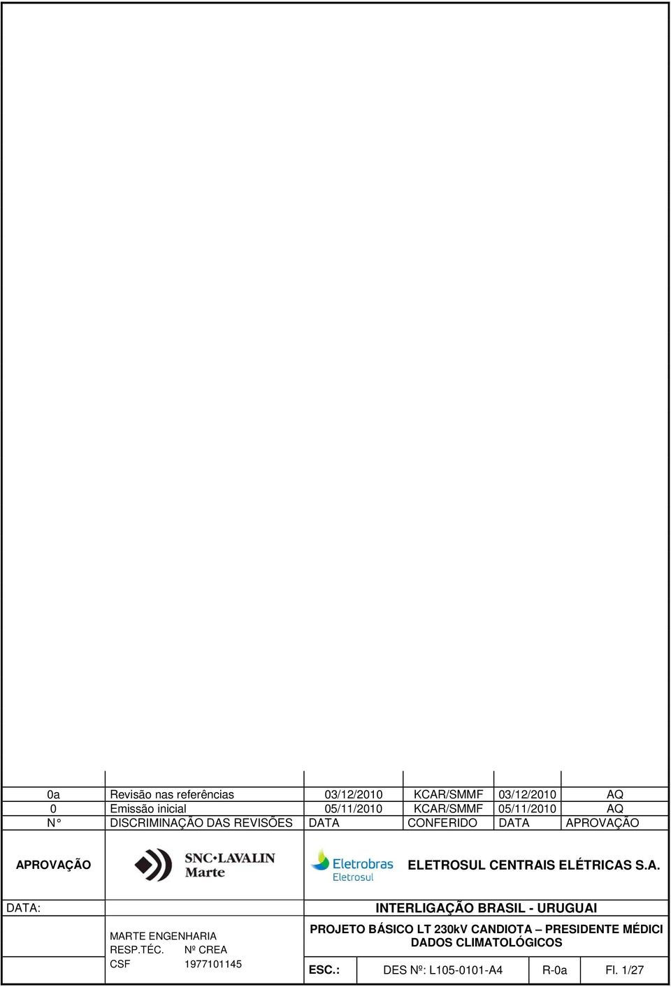 ELETROSUL CENTRAIS ELÉTRICAS S.A. DATA: MARTE ENGENHARIA RESP.TÉC.