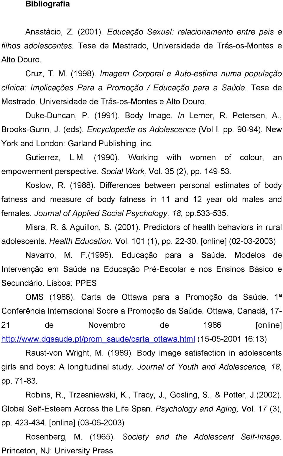 Body Image. In Lerner, R. Petersen, A., Brooks-Gunn, J. (eds). Encyclopedie os Adolescence (Vol I, pp. 90-94). New York and London: Garland Publishing, inc. Gutierrez, L.M. (1990).