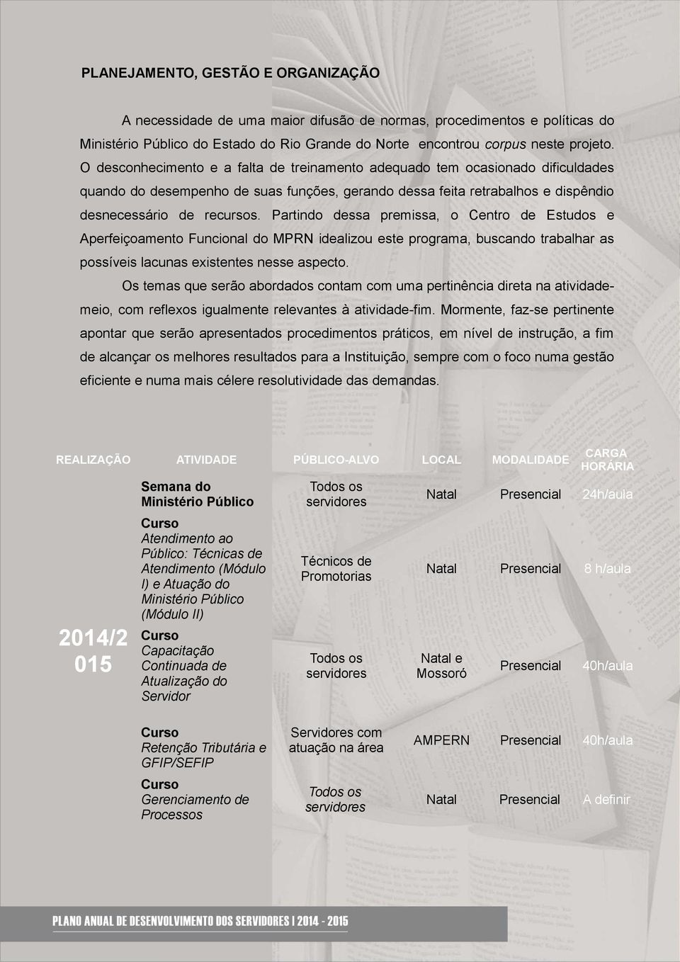 Partindo dessa premissa, o Centro de Estudos e Aperfeiçoamento Funcional do MPRN idealizou este programa, buscando trabalhar as possíveis lacunas existentes nesse aspecto.