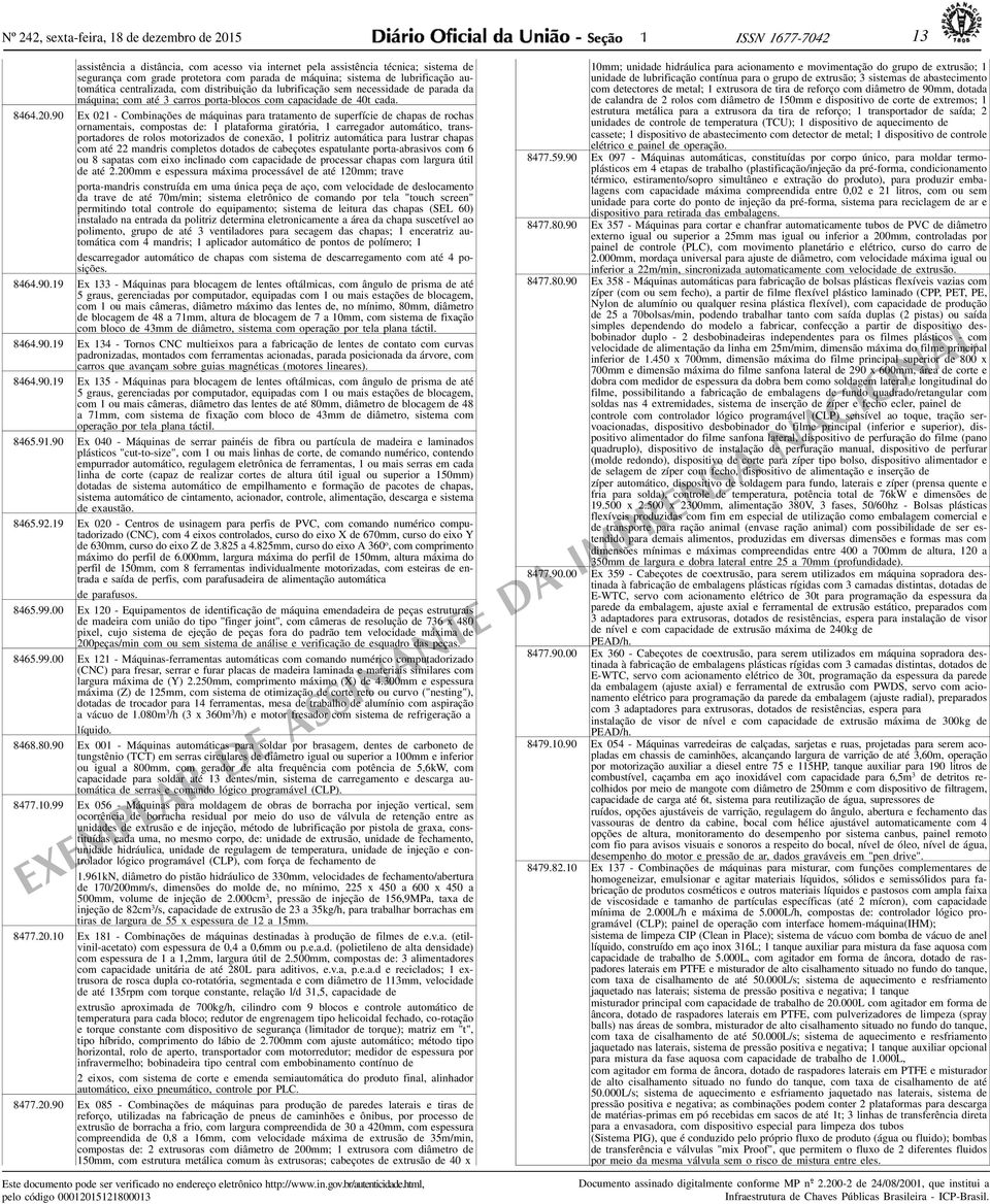 90 Ex 02 - Combinações de máquinas para tratamento de superfície de chapas de rochas ornamentais, compostas de: plataforma giratória, carregador automático, transportadores de rolos motorizados de