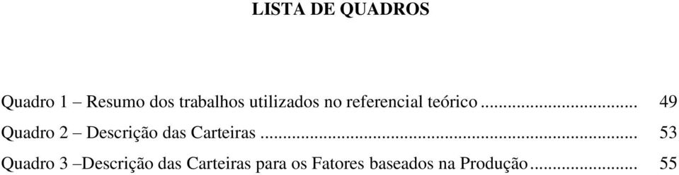 .. 49 Quadro 2 Descrição das Carteiras.