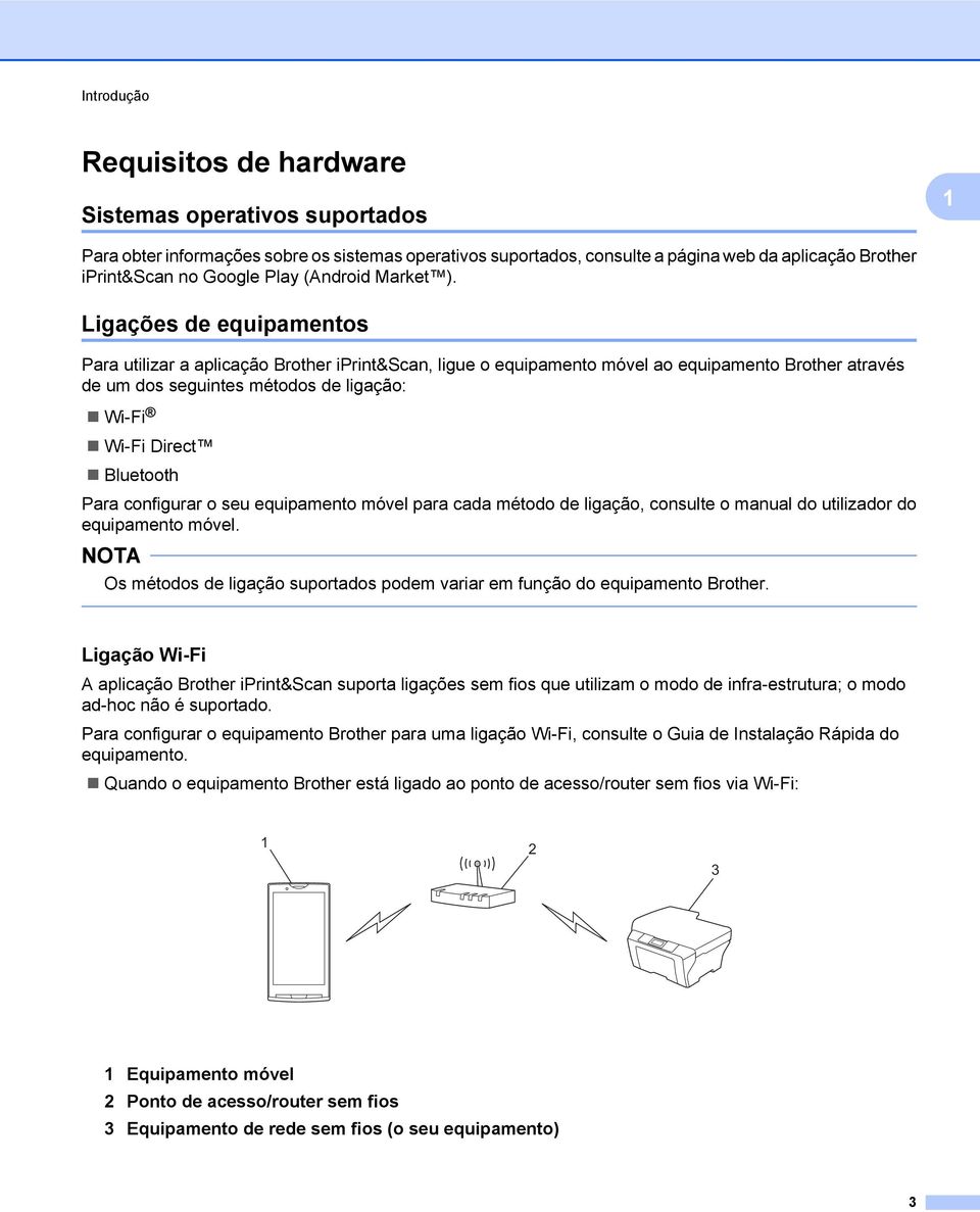 Ligações de equipamentos Para utilizar a aplicação Brother iprint&scan, ligue o equipamento móvel ao equipamento Brother através de um dos seguintes métodos de ligação: Wi-Fi Wi-Fi Direct Bluetooth