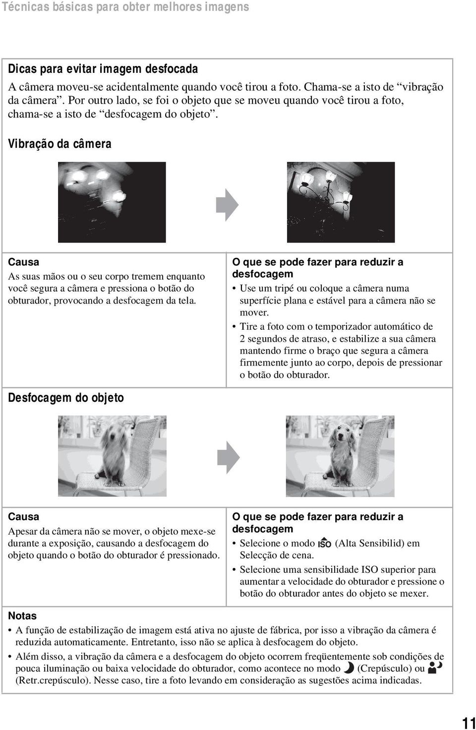 Vibração da câmera Causa As suas mãos ou o seu corpo tremem enquanto você segura a câmera e pressiona o botão do obturador, provocando a desfocagem da tela.