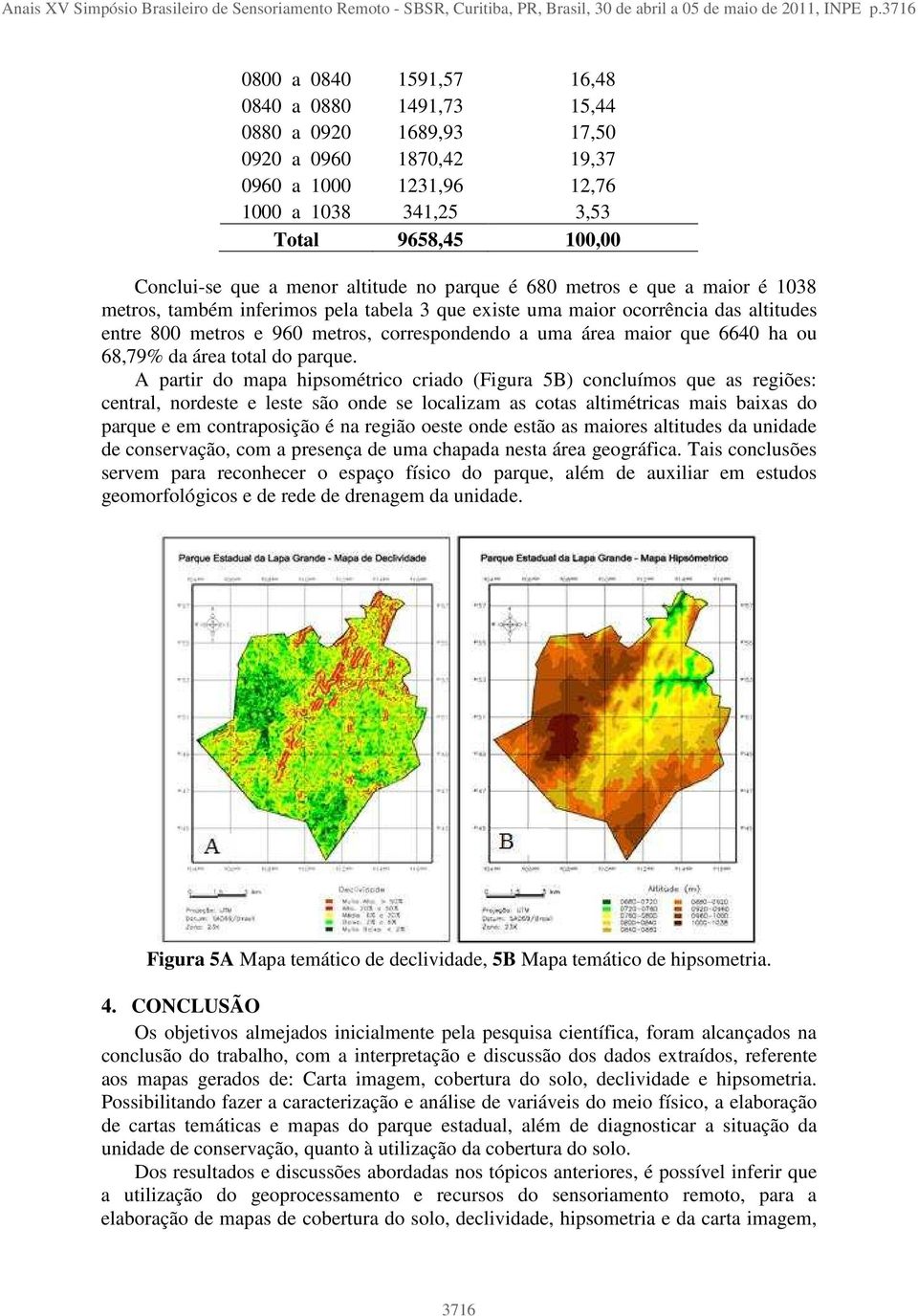 menor altitude no parque é 680 metros e que a maior é 1038 metros, também inferimos pela tabela 3 que existe uma maior ocorrência das altitudes entre 800 metros e 960 metros, correspondendo a uma