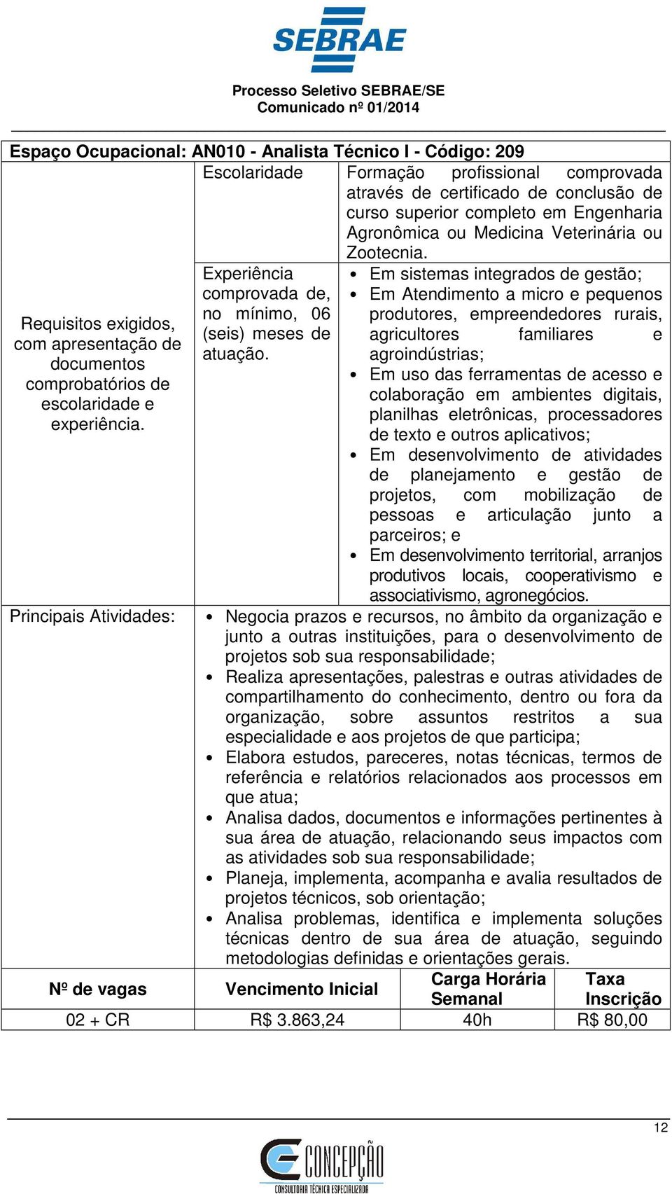 Principais Atividades: Em sistemas integrados de gestão; Em Atendimento a micro e pequenos produtores, empreendedores rurais, agricultores familiares e agroindústrias; Em uso das ferramentas de