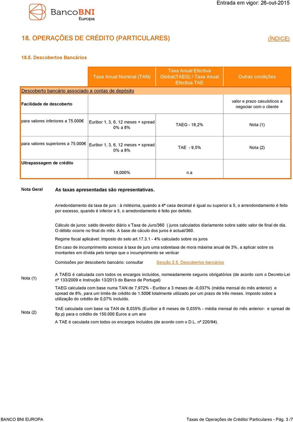 cliente para valores inferiores a 75.000 TAEG - 18,2% para valores superiores a 75.000 TAE - 9,5% Nota (2) Ultrapassagem de crédito 18,000% n.