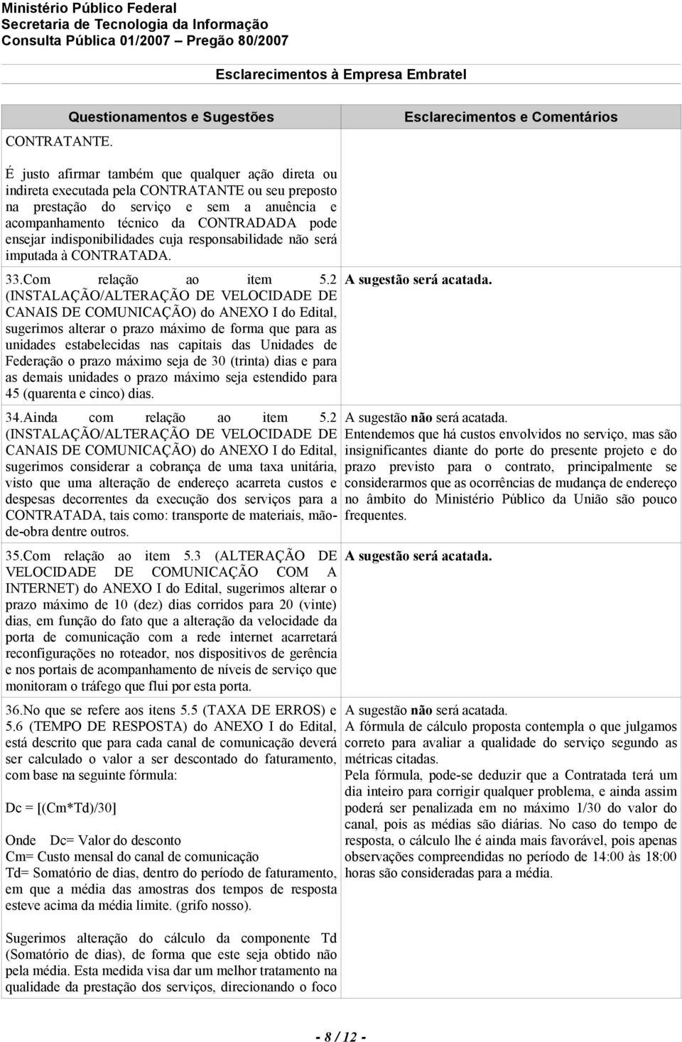 indisponibilidades cuja responsabilidade não será imputada à CONTRATADA. 33.Com relação ao item 5.