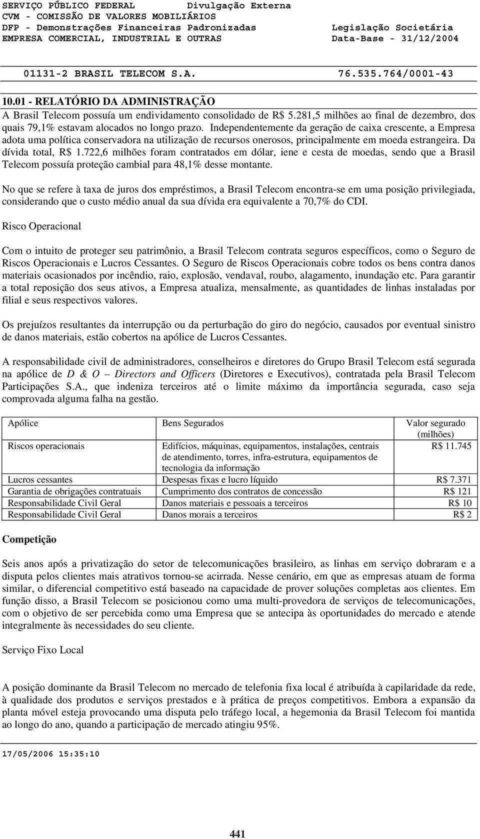 722,6 milhões foram contratados em dólar, iene e cesta de moedas, sendo que a Brasil Telecom possuía proteção cambial para 48,1% desse montante.