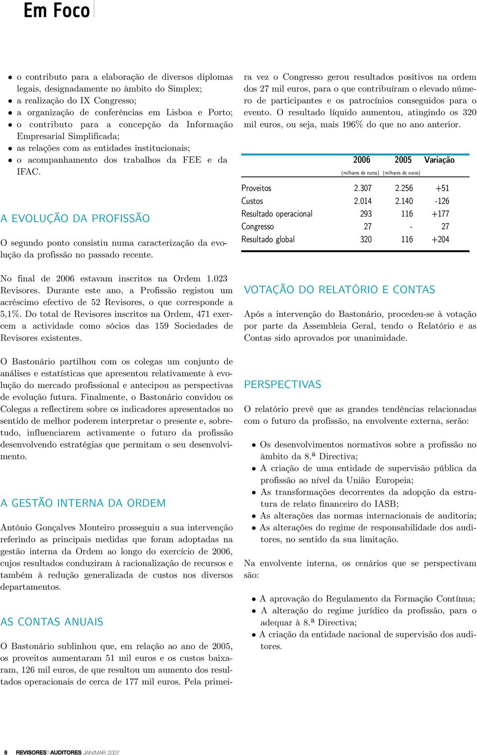 A EVOLUÇÃO DA PROFISSÃO O segundo ponto consistiu numa caracterização da evolução da profissão no passado recente. No final de 2006 estavam inscritos na Ordem 1.023 Revisores.