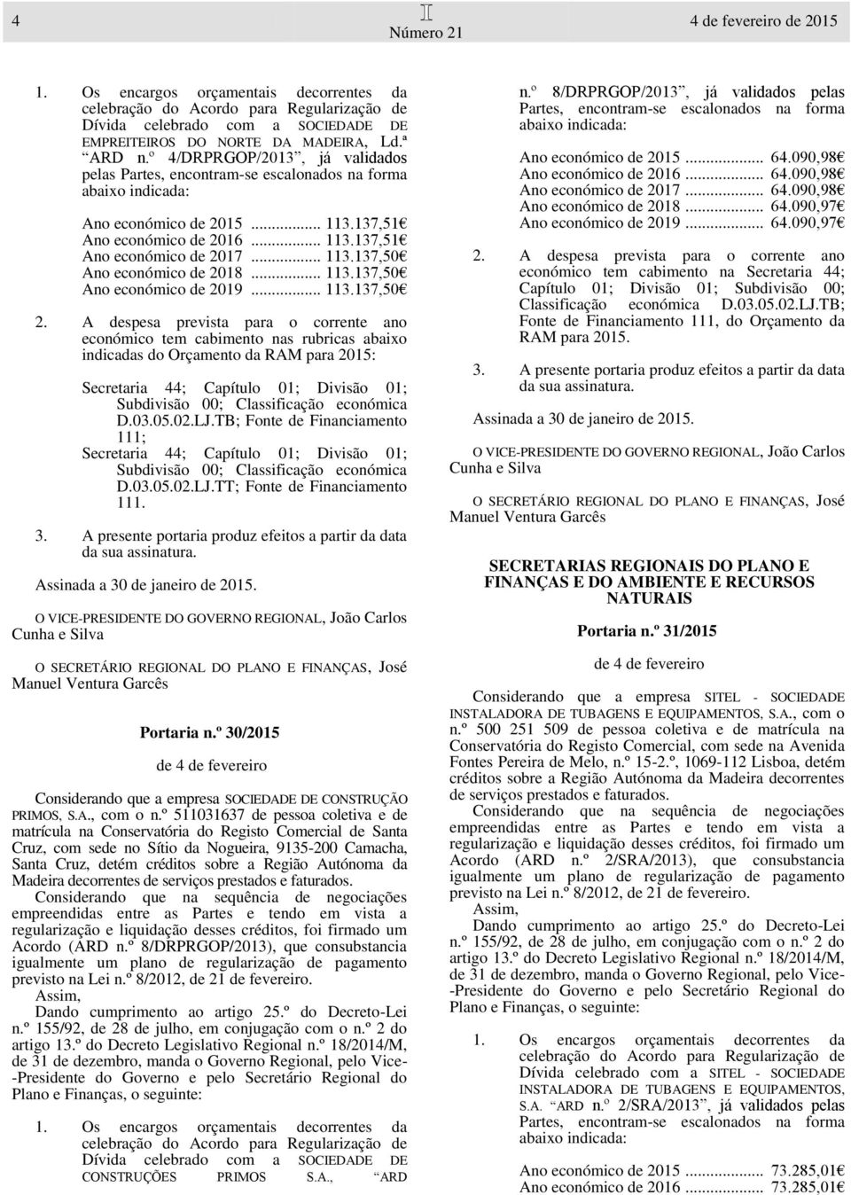 .. 113.137,50 Ano económico de 2019... 113.137,50 D.03.05.02.LJ.TT; Fonte de Financiamento 111. Assinada a 30 de janeiro de 2015. Portaria n.