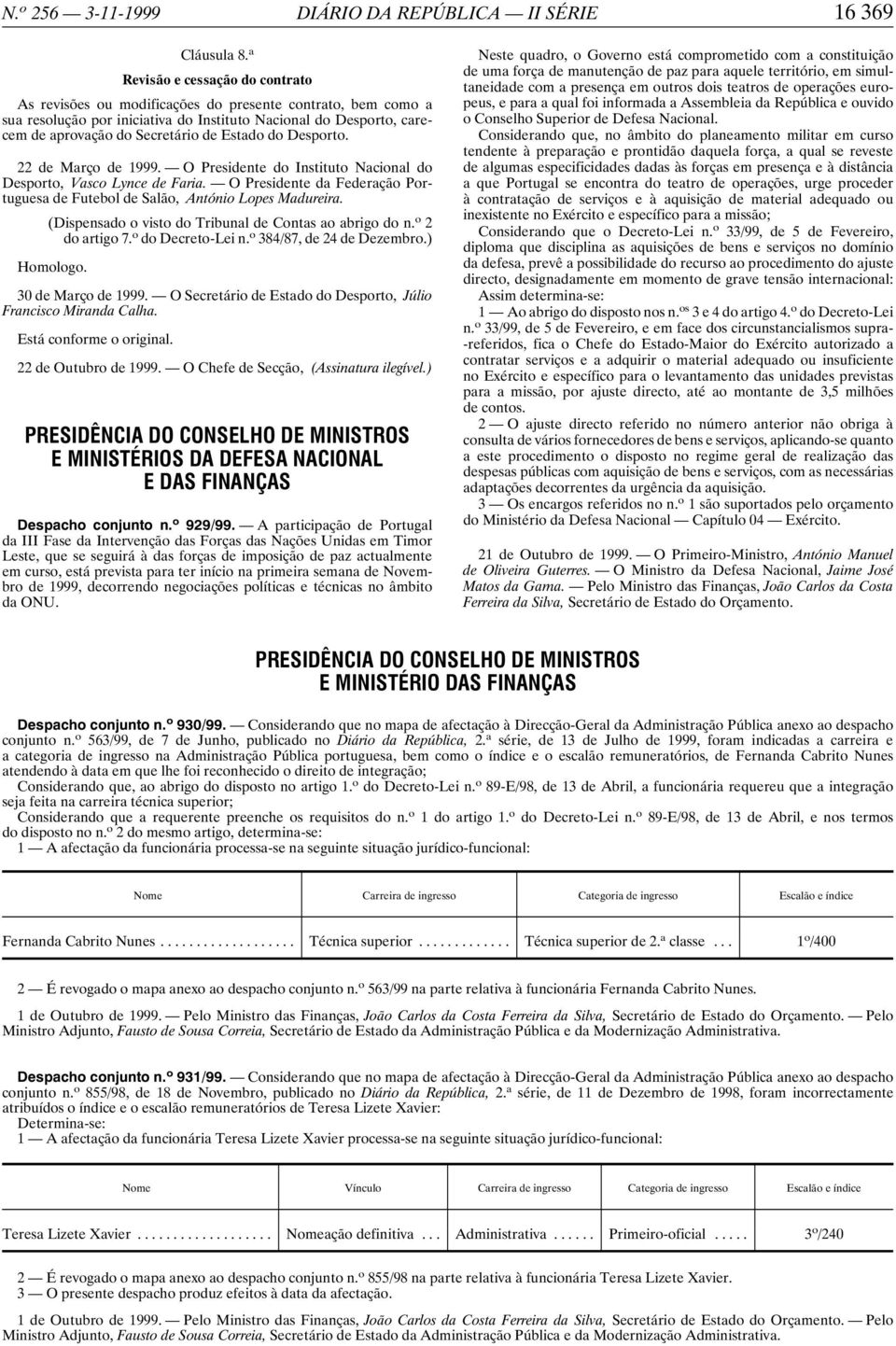 Estado do Desporto. 22 de Março de 1999. O Presidente do Instituto Nacional do Desporto, Vasco Lynce de Faria. O Presidente da Federação Portuguesa de Futebol de Salão, António Lopes Madureira.