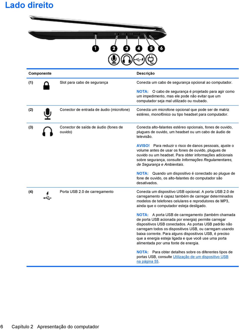 (2) Conector de entrada de áudio (microfone) Conecta um microfone opcional que pode ser de matriz estéreo, monofônico ou tipo headset para computador.