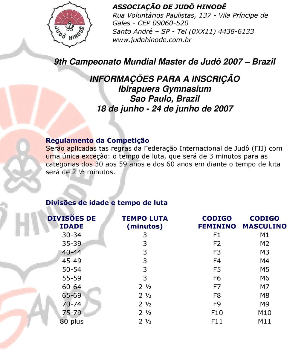 59 anos e dos 60 anos em diante o tempo de luta será de 2 ½ minutos.