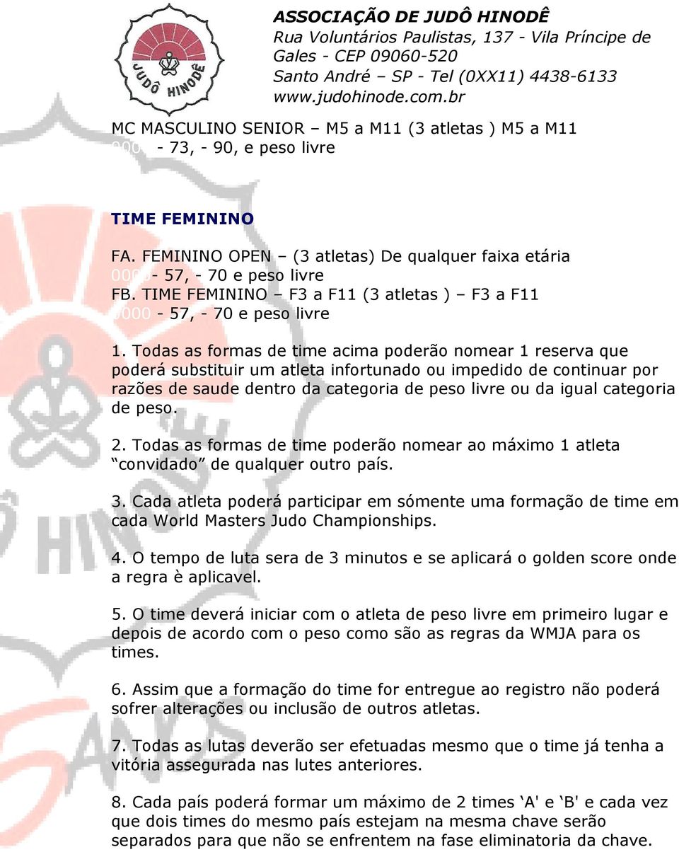 Todas as formas de time acima poderão nomear 1 reserva que poderá substituir um atleta infortunado ou impedido de continuar por razões de saude dentro da categoria de peso livre ou da igual categoria