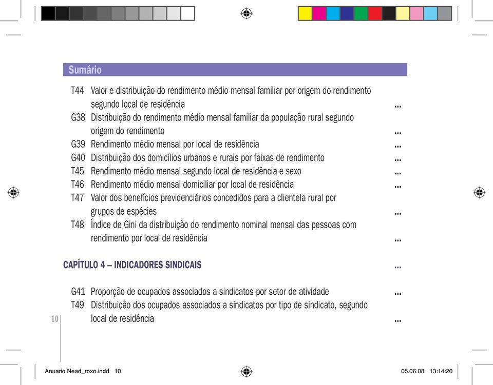 .. G40 Distribuição dos domicílios urbanos e rurais por faixas de rendimento... T45 Rendimento médio mensal segundo local de residência e sexo.