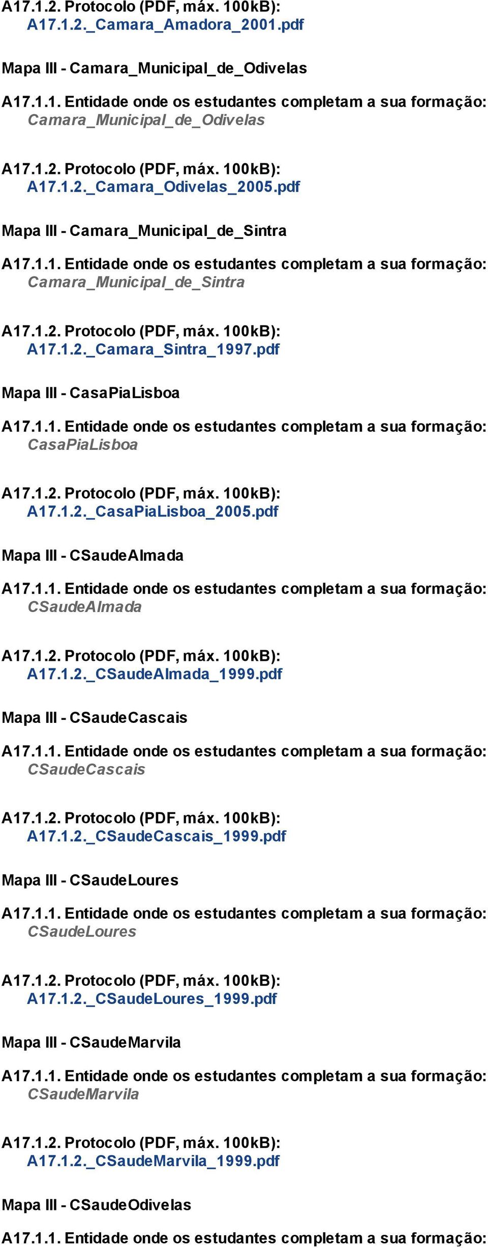 pdf Mapa III CasaPiaLisboa A17.1.1. Entidade onde os estudantes completam a sua formação: CasaPiaLisboa A17.1.2. Protocolo (PDF, máx. 100kB): A17.1.2._CasaPiaLisboa_2005.pdf Mapa III CSaudeAlmada A17.