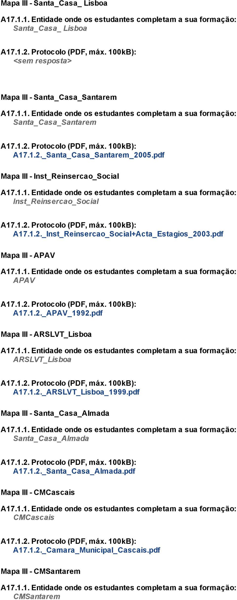 pdf Mapa III APAV A17.1.1. Entidade onde os estudantes completam a sua formação: APAV A17.1.2. Protocolo (PDF, máx. 100kB): A17.1.2._APAV_1992.pdf Mapa III ARSLVT_Lisboa A17.1.1. Entidade onde os estudantes completam a sua formação: ARSLVT_Lisboa A17.