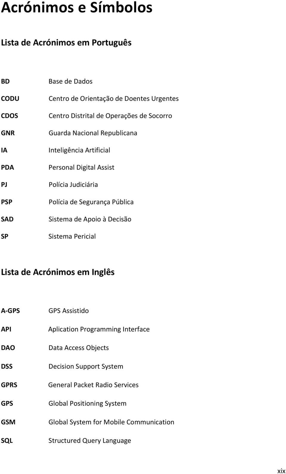 Sistema de Apoio à Decisão Sistema Pericial Lista de Acrónimos em Inglês A-GPS API DAO DSS GPRS GPS GSM SQL GPS Assistido Aplication Programming Interface