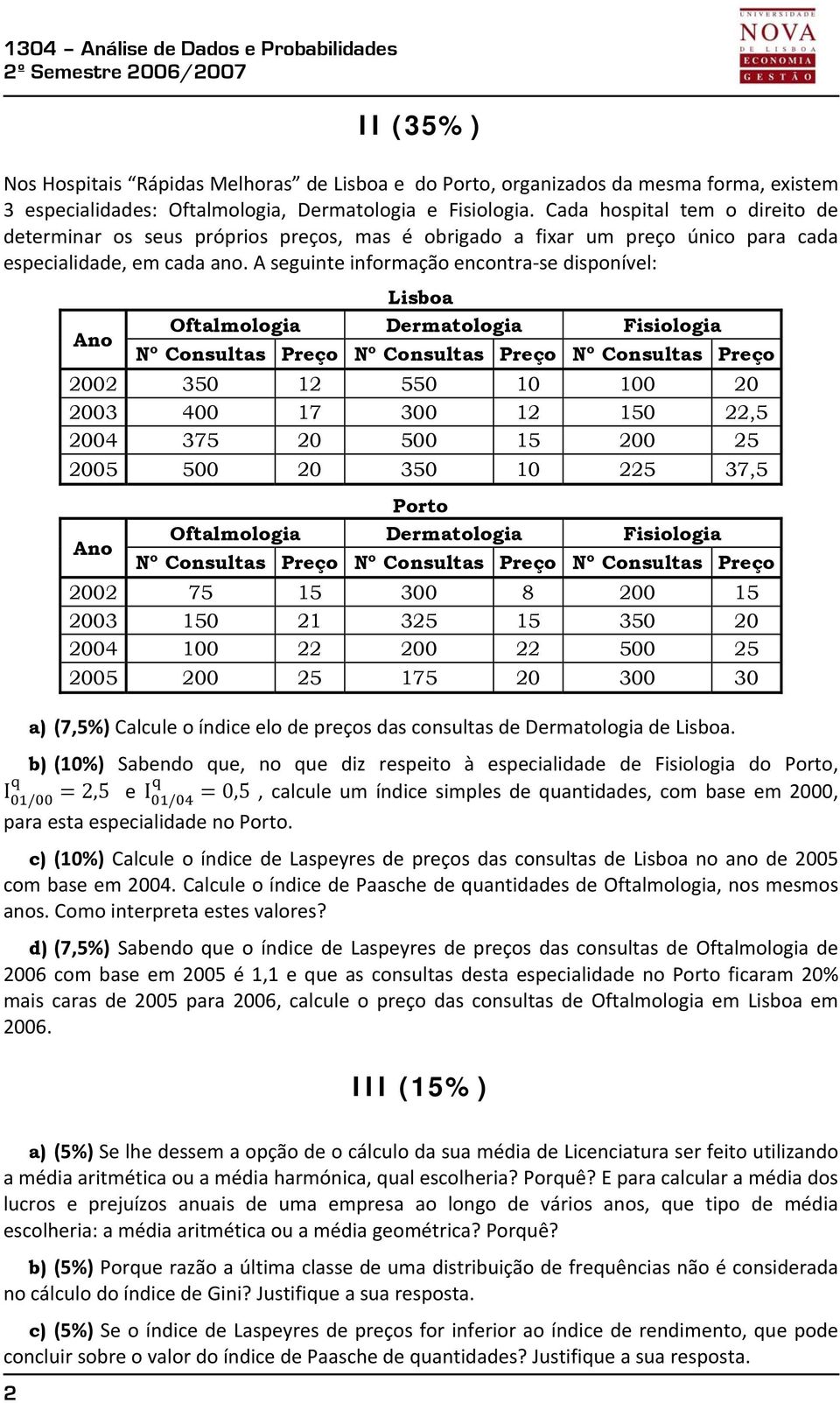 A seguinte informação encontra se disponível: Ano Lisboa Oftalmologia Dermatologia isiologia º Consultas reço º Consultas reço º Consultas reço 2002 350 12 550 10 100 20 2003 400 17 300 12 150 22,5